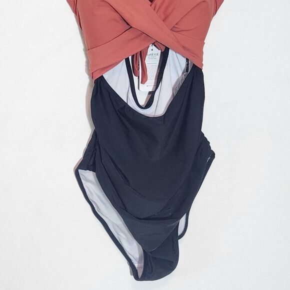 EoMenie Brown and Black One-Piece Swimsuit with Cut-Out NWT Size Small - Picture 4 of 10